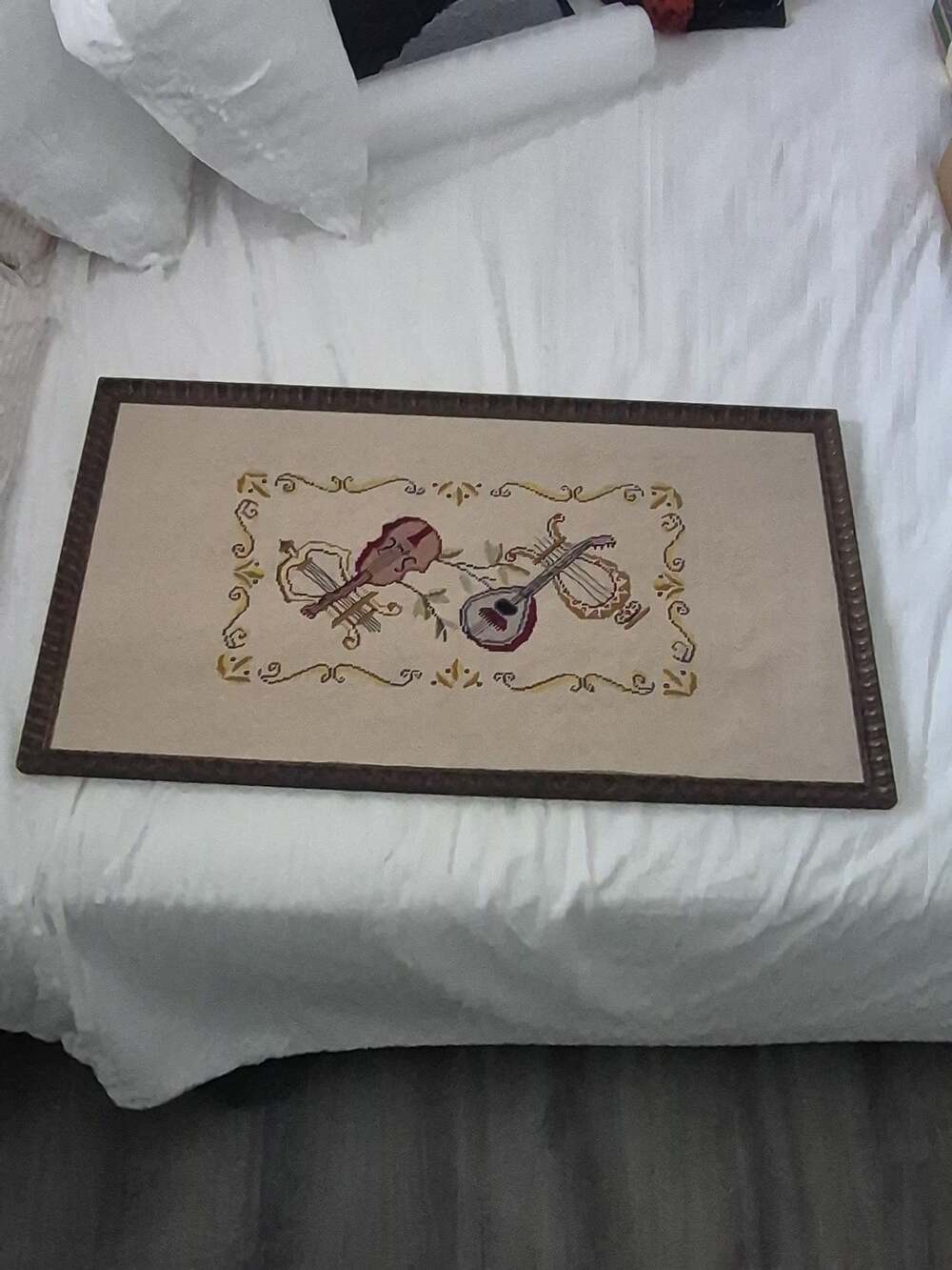 Vintage Framed Needlepoint Tapestry Musical Instruments Wall Art - Picture 1 of 3